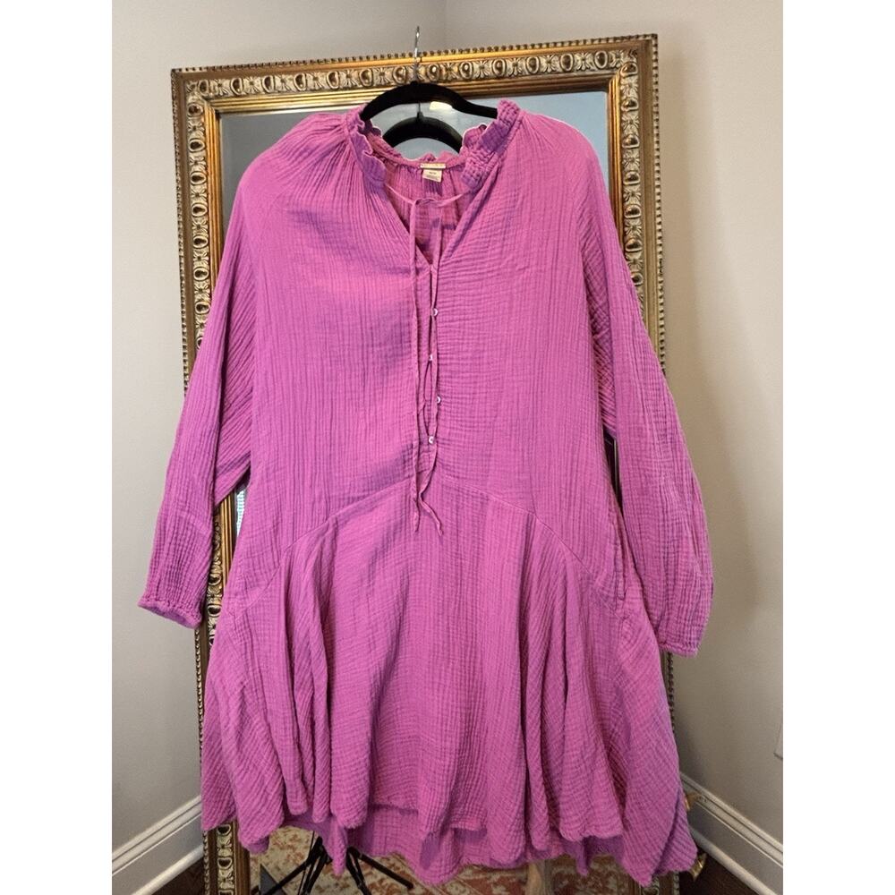 Magaschoni Pink Gauze Tunic Dress Ruffle 100% organic cotton Front Long Sleeve M